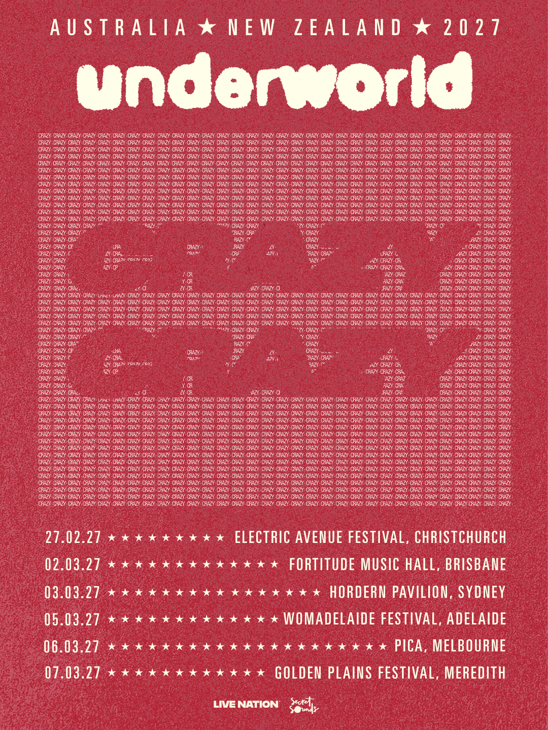 Tour poster for Underworld Australia & New Zealand 2027 listing concert dates and festival appearances.